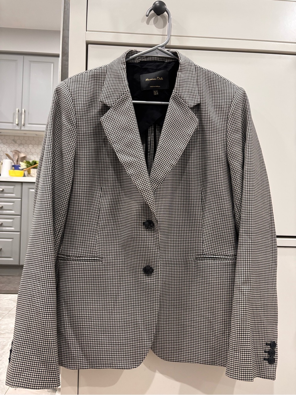 Massimo Dutti Black and White Houndstooth Single-Breasted Blazer